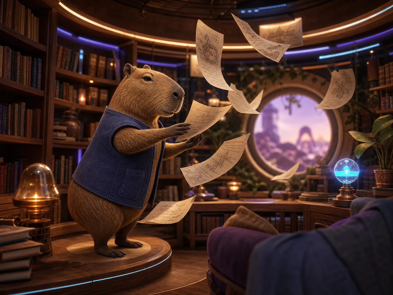 Capibara en una biblioteca fantástica con muchos detalles para ampliar